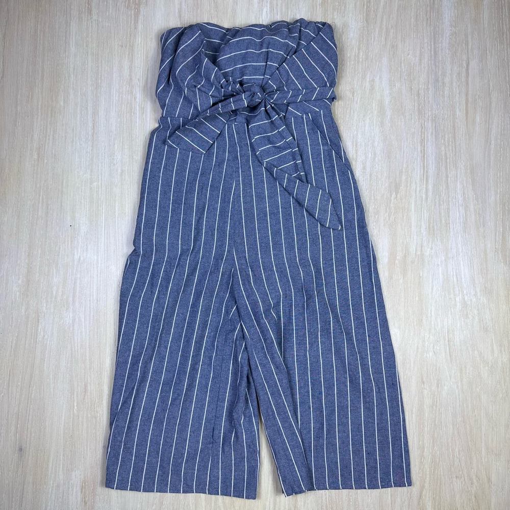 Anthropologie Talulah Chambray Strapless Stripe Bow Wide Leg Crop Jumpsuit Large